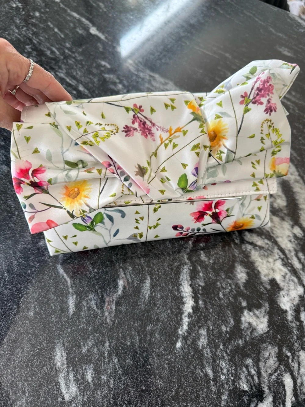 Jewel Badgley Mischa Floral Satin Bow Purse with White Background, NWT